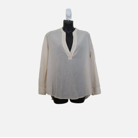 James Perse Size 0 Womens Silk Blend Long Sleeve V Neck Top Cream Relaxed - Picture 1 of 4